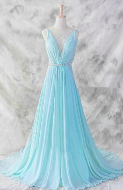 Floor Length Chiffon Prom Dress,charming Blue V-neckline Prom Gown 2017,baby Blue Evening Dresses,blue Formal Dresses,formal Dresses