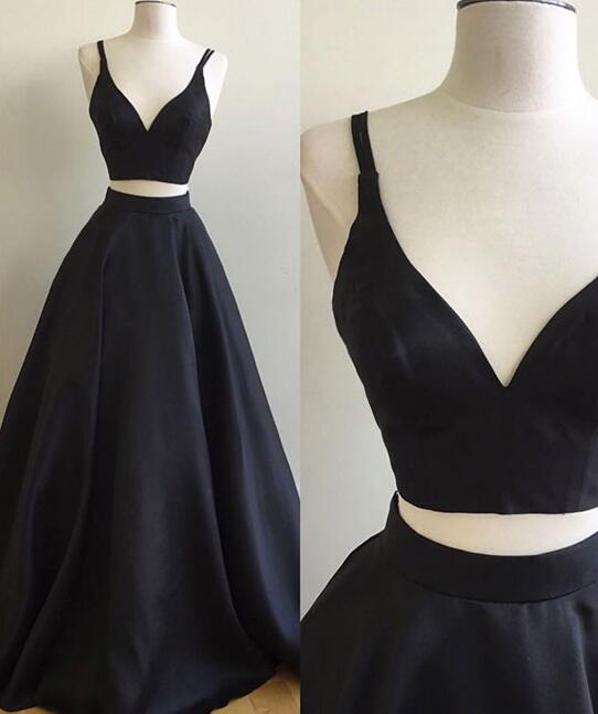 Simple Two Piece Prom Dress, Black Strap V Neck Prom Dress,evening Dress,a Line Evening Dress