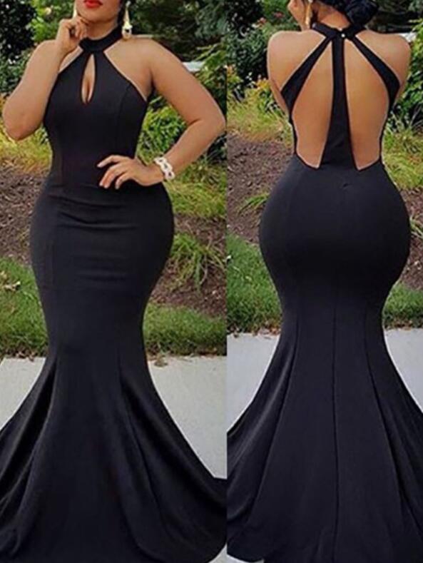 Black Keyhole Prom Gown,Mermaid Halter Sexy Prom Dress,Long Sleeveless