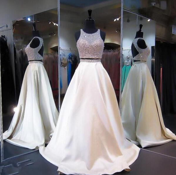 Elegant Two Pieces Prom Dress,beaded Prom Dress,ivory Long Prom Dress,open Back Two-piece Prom Dress