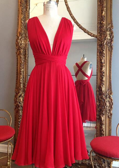 Simple V Neck Red Short Bridesmaid Dress,chiffon Bridesmaid Dress,cross Back Short Prom Dresses