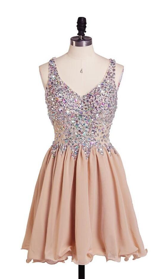 Champagne Beaded Party Dresses,short Homecoming Dress,sexy Homecoming Dresses,short-mini Graduation Dresses,beading Homecoming Dresses