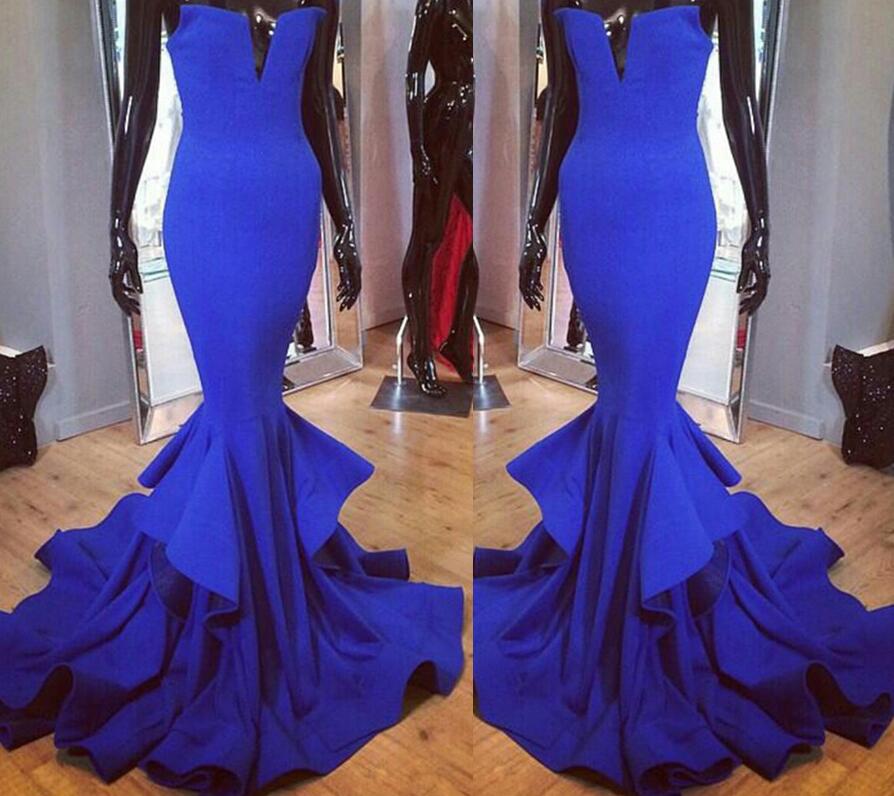 Royal Blue Plunging Strapless Mermaid Long Prom Dress, Evening Dress With Ruffled Skirt