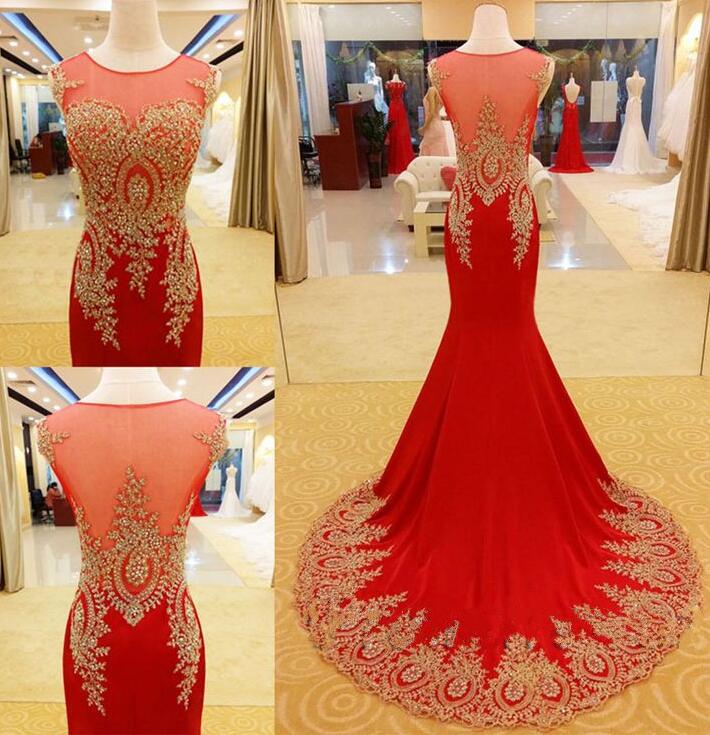 Luxury Prom Dress,red Prom Dress,mermaid Prom Dress,gold Appliques Prom Dress,handmade Prom Dress,long Prom Dress,gorgeous Prom Dress
