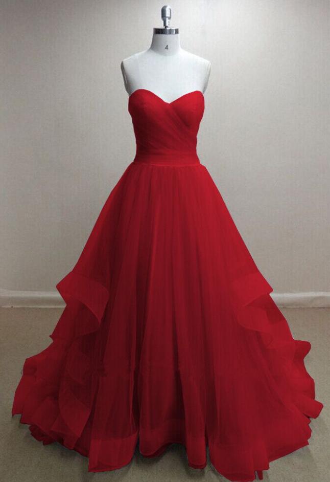 Custom Pretty Tulle Prom Dress, Red Sweetheart Long Prom Dresses, Red Prom Gowns, Tulle Formal Dresses