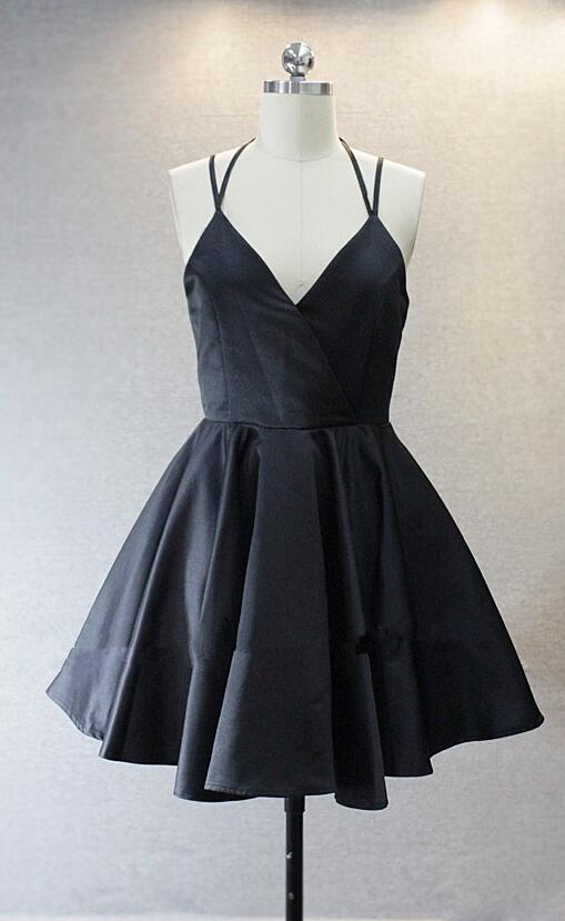 Black V-neckline Short Homecoming Dress,somple Satin Halter Handmade Formal Dresses, Little Black Dresses, Homecoming Dresses, Short Prom Dresses