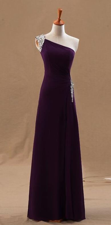 Beauty Chiffon One Shoulder Beaded Prom Dress,pretty Long Slit Prom Dresses, Prom Dresses 2018, Purple Evening Gowns