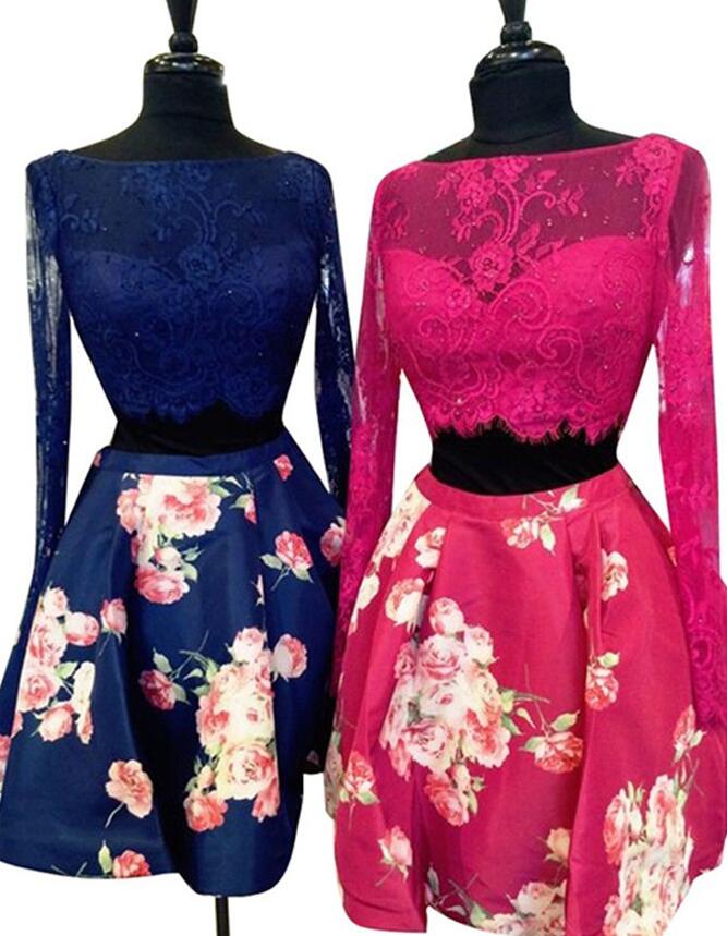 Beauty Two Piece Short Royal Blue Prom Gown,satin Long Sleeves Homecoming Dress With Lace,long Sleeves Cocktail Dresses