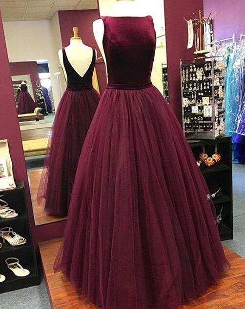Beauty Tulle Burgundy Boat Neckline Prom Dress, Prom/evening Dress,tulle Ball Gown Prom Dress , Open Back Pageant Gown