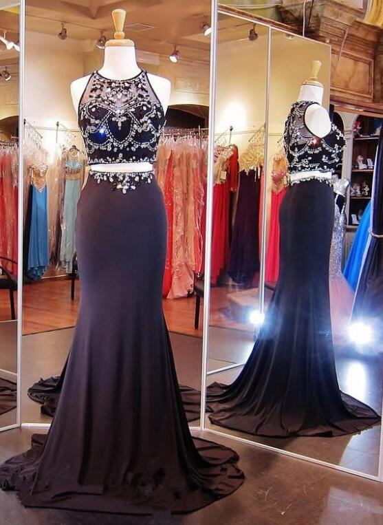 Sexy Two Pieces Prom Dress,beading Prom Dress,black Prom Dress Evening Party Gown