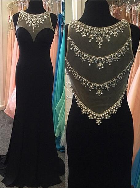 Scoop Sweetheart Prom Dress,black Chiffom Beaded Prom Dress,mermaid Long Prom Dress With Tulle Full Back