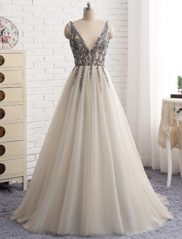 Sexy Deep V Neck Prom Dresses, Beaded Prom Dress,see Through Long Party Dress