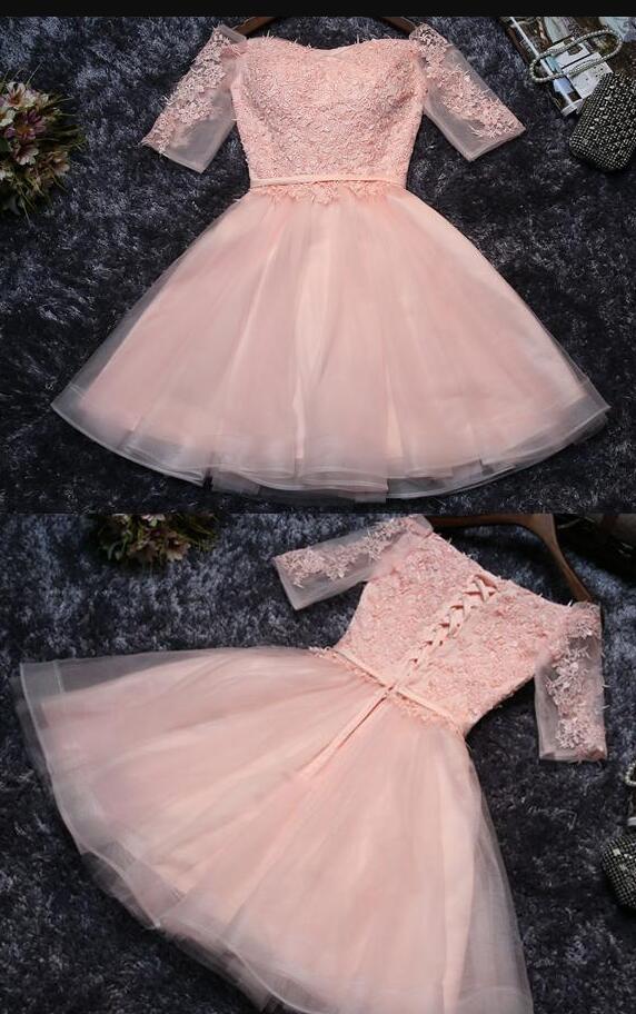Cute Pink Homecoming Dresses, Appliques Prom Dresses,tulle Half Sleeves Prom Dress,short Prom Dress,mini Party Dresses,off-shoulder Homecoming