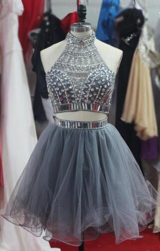 Halter Neck Two Piece Tulle Homecoming Dresses,short Porm/party Dresses, Short Homecoming Dresses
