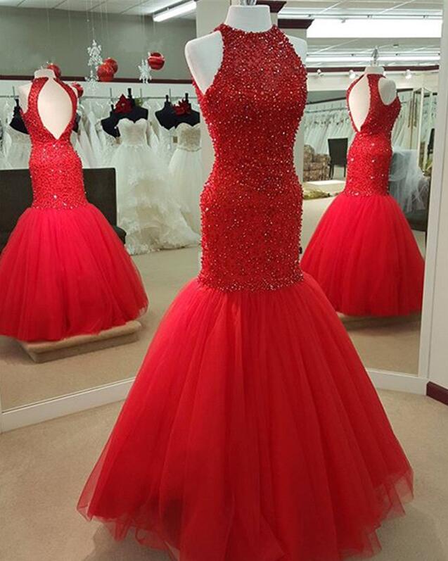 Sexy Red Prom Dress, Tulle Prom Dress,beading Mermaid Prom Dresses Beaded Long Open Back Evening Gowns