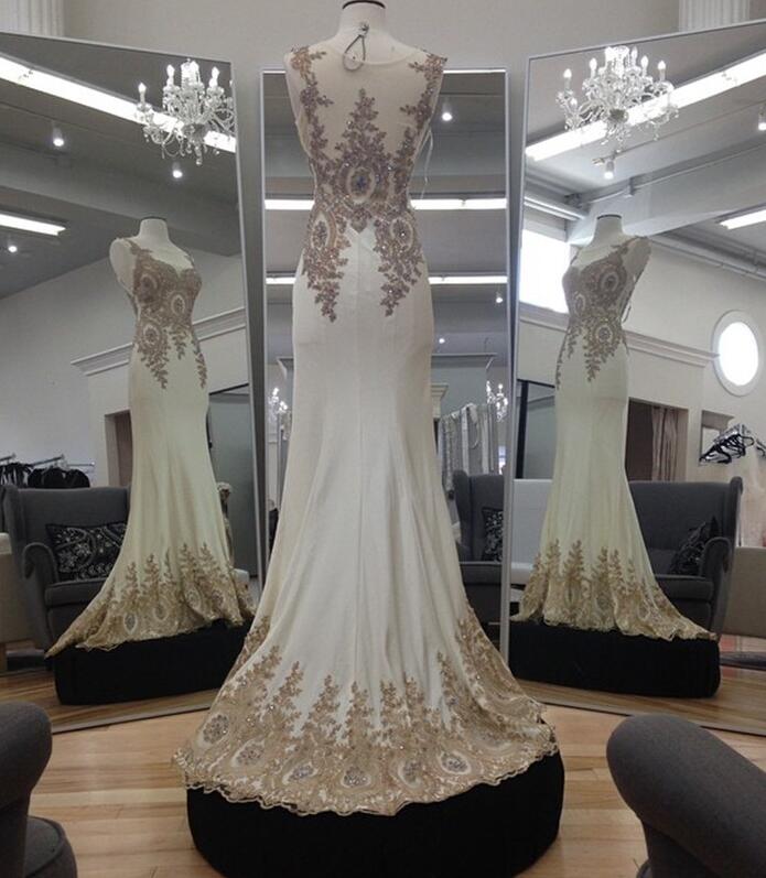 Ivory Chiffon Prom Dress,sexy Prom Dress,gold Lace Appliques Prom Dress,mermaid Evening Dresses, Long Prom Gowns