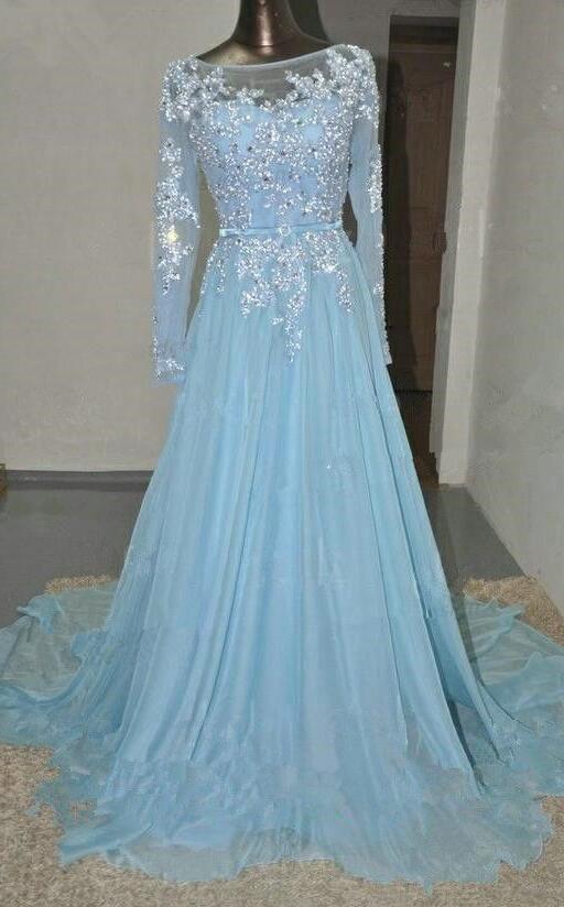 light blue gown with sleeves