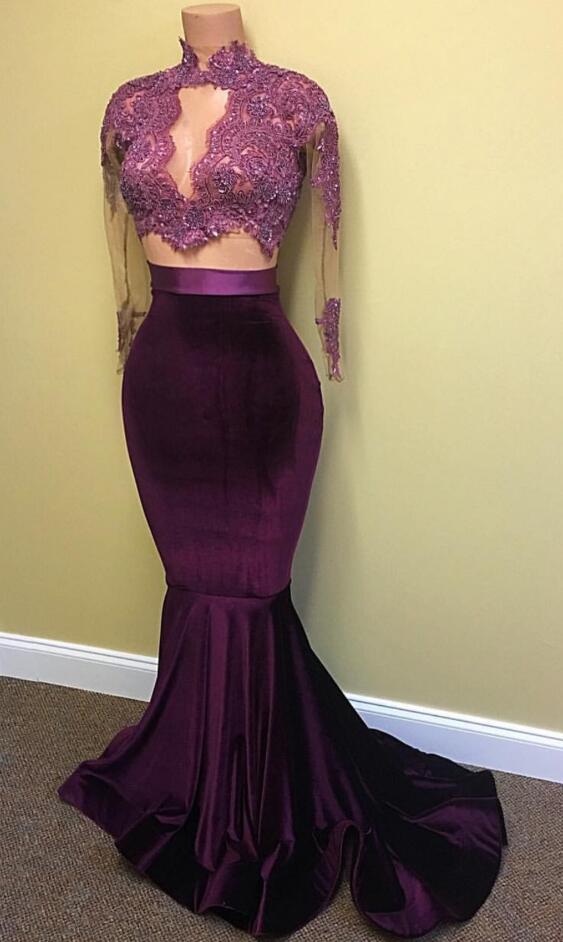 Velvet Two Piece Prom Dress With Long Sleeves,sexy Prom Dress,lace Evening Dress,long Dress