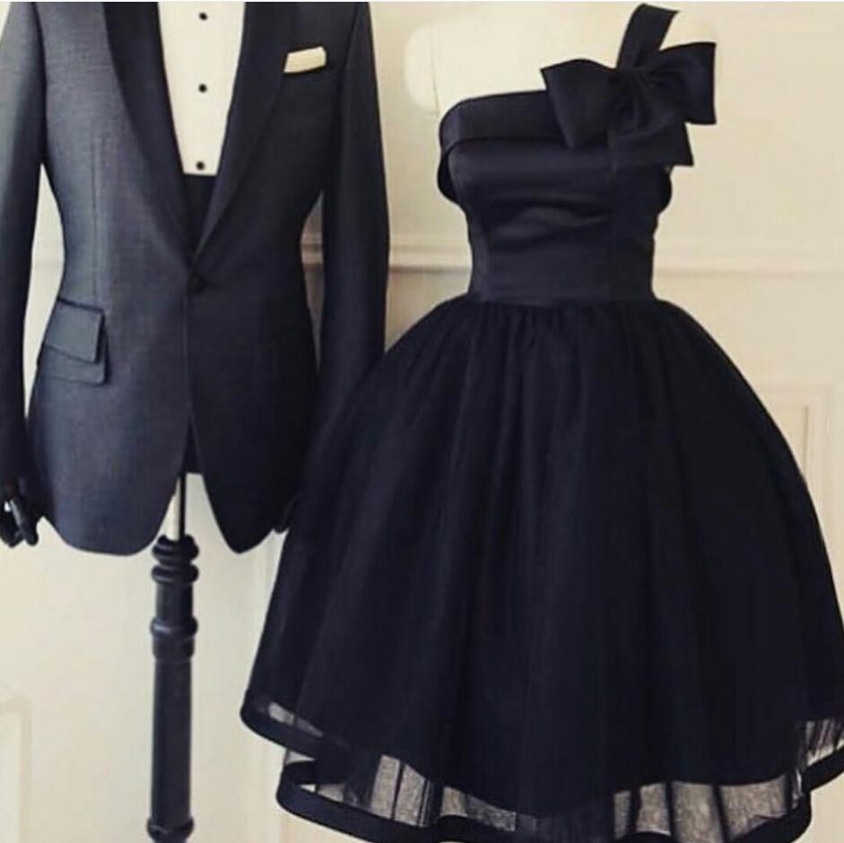 One Shoulder Short Prom Dress,homecoming Dress,little Black Homecoming Party Dress With Big Bow