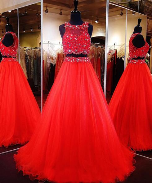 Red 2 Pieces Prom Dress ,sexy Tulle Evening Gown, Pageant Dress, Prom Dress