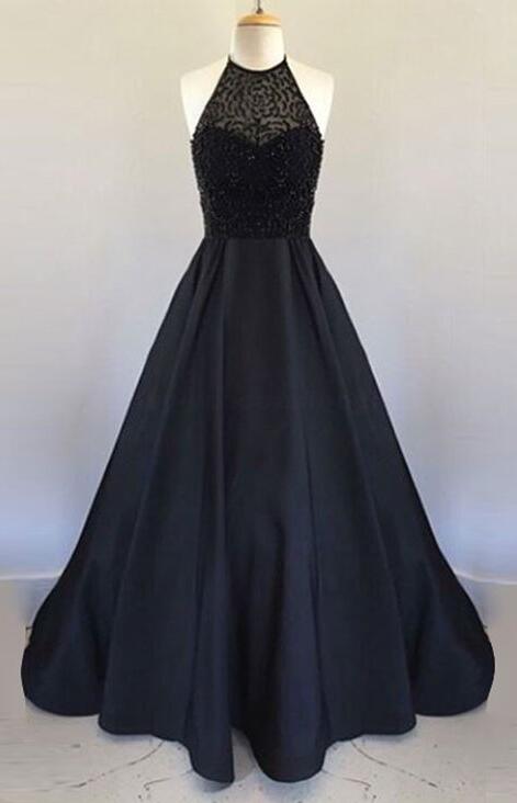 Beaded Prom Dress,black Halter Prom Dress,sexy Stain Prom Dress,long Prom Dress,evening Dress