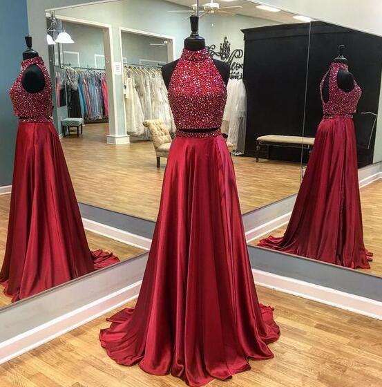 Beaidng Prom Dress,sexy Prom Dress,two Pieces Prom Dress,wine Red Prom Dress,beaded Two Pieces Prom Dress With Keyhole Back