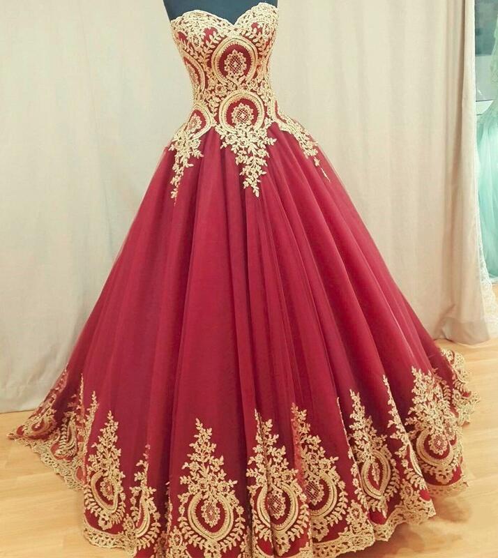 Ball Gown Wedding Dress,sleeveless Ruby Ball Gown Prom Dress With Gold Appliques