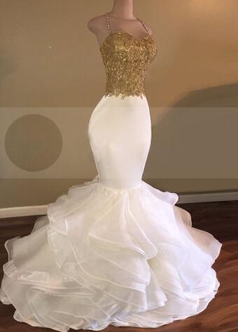 Gold Bodice Prom Dress, Mermaid Prom Dress With Crystaled Straps,princess Prom Dress,backless Prom Dress,sexy Prom Dress