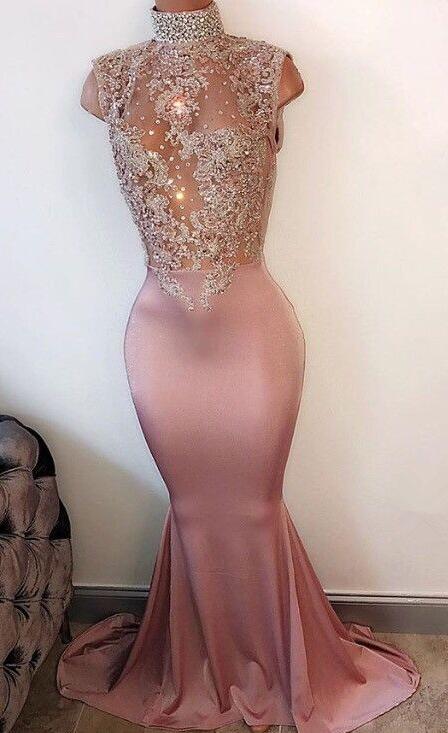 Beaded Prom Dress,sexy Prom Dress,custom Prom Dress, High Collar Fitted Prom Dress With Crystals Appliques