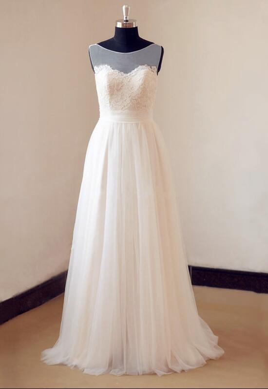 Ivory Wedding Dress, Tulle Lace Wedding Dress With Sheer Neckline , Wedding Dress