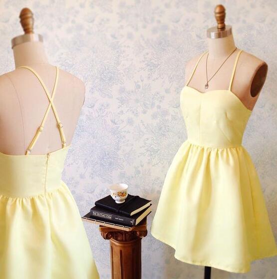 Short Homecoming Dress,stain Homecoming Dress, Homecoming Dress, Yellow Mini Dress With Adjustable Straps