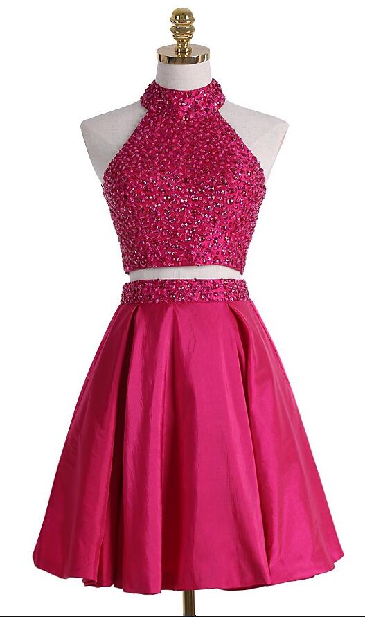 Pink Homecoming Dress, Homecoming Dress,sexy Prom Dress,two Piece Halterneck Short Homecoming Dress With Beaded Bodice