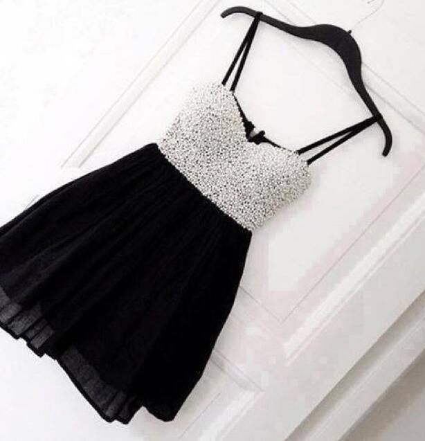 Mini Homecoming Dress With White Beadings, Homecoming Dress 2018, Custom Made Cute Black Homecoming Dresses, Short Prom Dress,girls Party Dress,