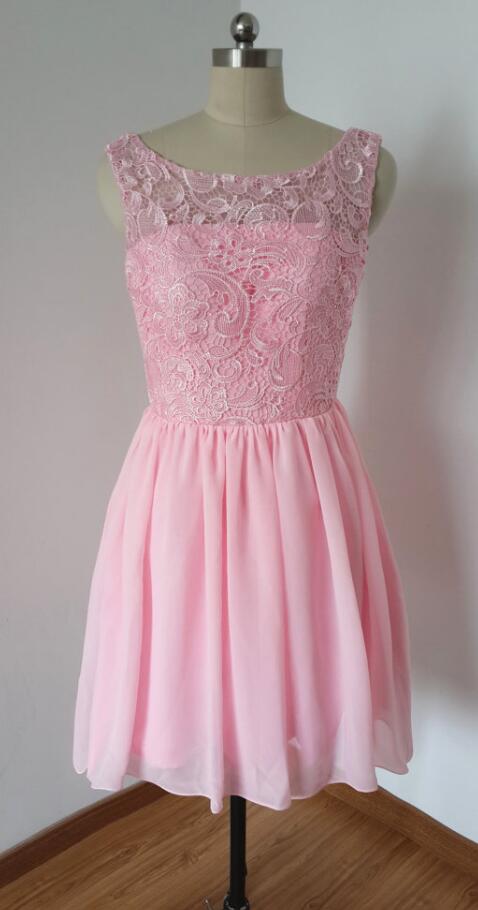 Chiffon Prom Dress, Bridesmaid Dress,short Bridesmaid Dress With Lace,pink Bridesmaid Dress,sexy Prom Dress