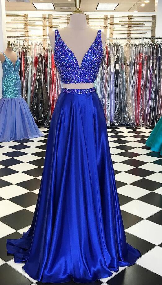Two Piece Prom Dress,sexy Prom Dress,crystal Beaded Prom Dresses, V Neck Prom Party Dresses,satin Prom Gowns,long Evening Dresses,slit Prom