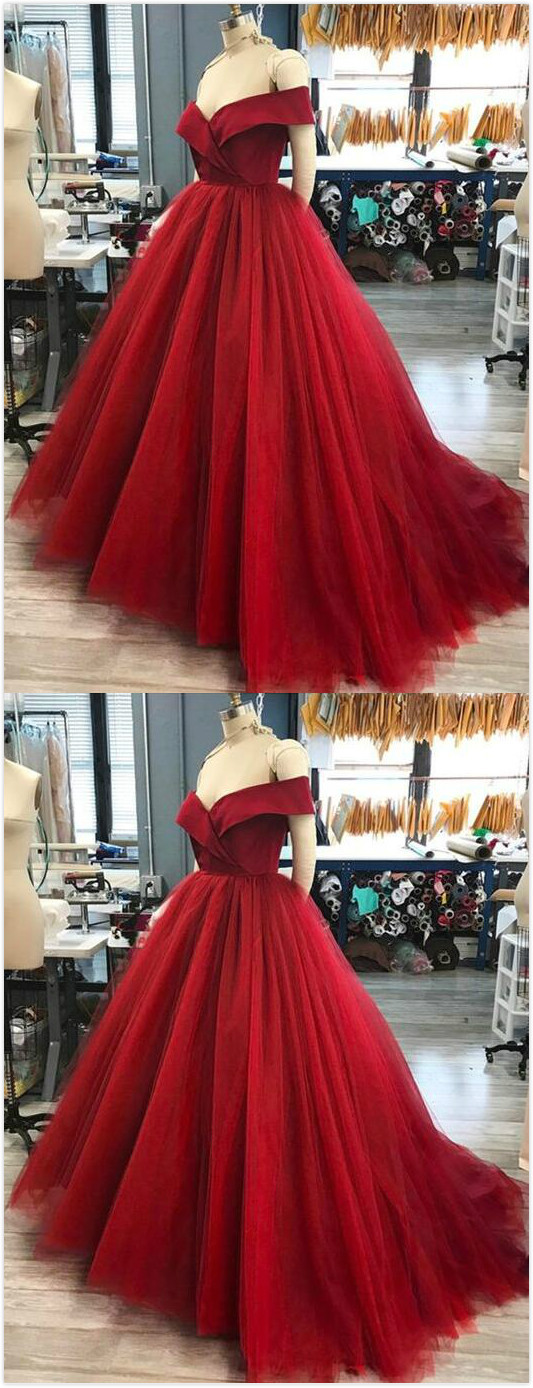 Beauty V Neck Prom Dress,tulle Prom Dress,charming A-line Prom Dress,off-shoulder Red Prom Dress,tulle Ball Gown Long Prom/evening Dress