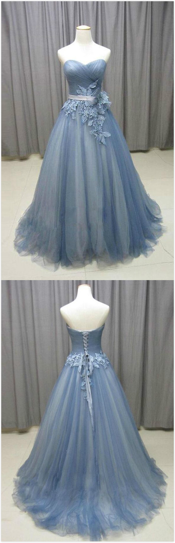 Gray Blue Prom Dress,tulle Prom Dress,simple A-line Prom Dress, Long Prom Dress,sweetheart Lace Long Prom Dress With Appliques