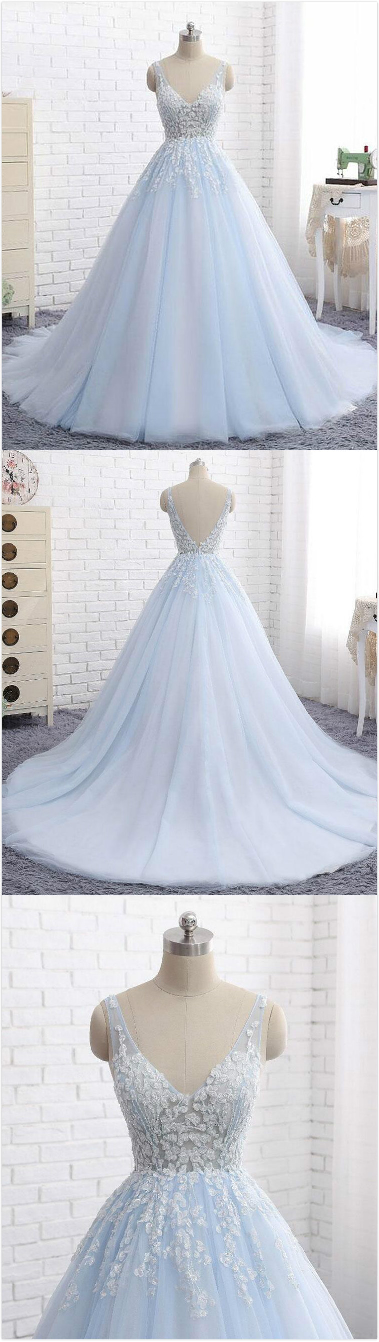 Elegant Ball Gown Prom Dress,v-neck Prom Dress,sexy Prom Dress,2018 Prom Dress,formal Fress,blue Tulle Long Prom/evening Dress With Appliques