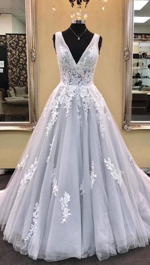 Elegant Lace Wedding Dress,a-line V-neck Wedding Dress,gray Tulle Long Prom/evening Dress With Appliques