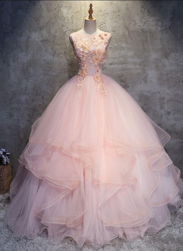 Charming Ball Gowns Prom Dress,tulle Prom Dress,sexy Round Neck Pink Prom Dress,long Party Dress,tulle Long Prom/evening Dress With Flowers