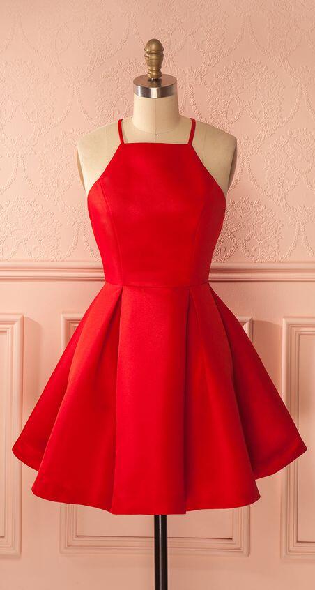 Sexy Homecoming Dress, Stain Homecoming Dress,short Prom Dress,a-line Spaghetti Straps Satin Red Homecoming Dress With Pleats