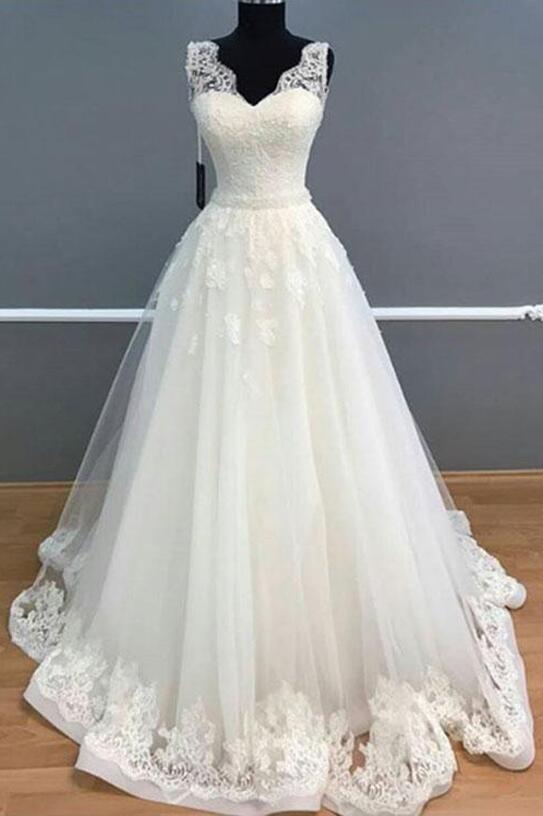 Elegant A-line Weding Dress,lace Wedding Dress,v-neck Sleeveless White Wedding Dress,long Wedding Dress With Lace
