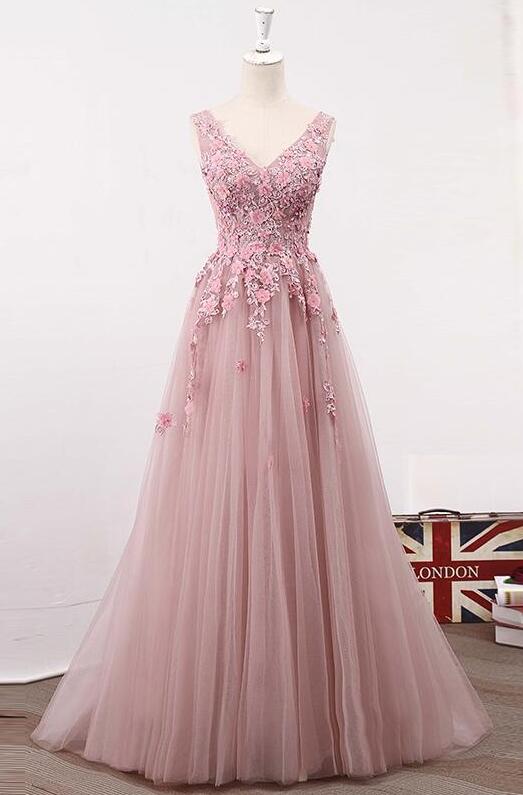 Elegant V-neck Prom Dress,a-line Prom Dres,sleeveless Lace Prom Dress,pink Tulle Long Prom Dress With Appliques
