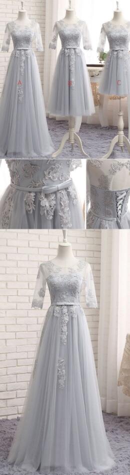 Gray Bridesmaid Dress, Tulle Prom Dress,short Sleeve Prom Dress, Prom Dress,gray Tulle Lace Long Wedding Party Dress