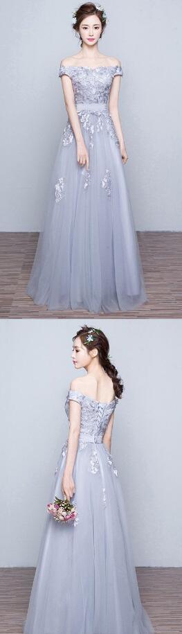 A-line Prom Dress,sexy Prom Dress,2018 Prom Dress, Gray Tulle Appliques Prom Dreds, Lace Off-the-shoulder Prom Dress