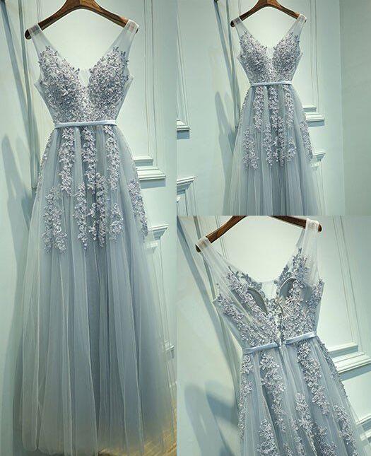 Tulle Sleeveless Prom Dress,a-line Prom Dress,v-neck Prom Dress,gray Prom Dresses With Lace,v Neck Homecoming Dress,prom Dress,prom Dress