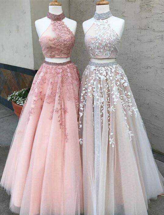 Halter Lace Prom Dress,crop Top Open Back Prom Dress,two Piece Prom Dress,tulle Prom Dress,ball Gown Prom Dresses Two Piece Ball Gowns Prom Dress
