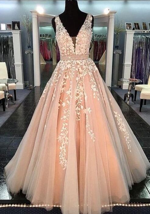 Tulle V-neck Prom Dress,lace Prom Dress,floor Length Prom Dresses ,2018 Engagement Dress For Wedding Party