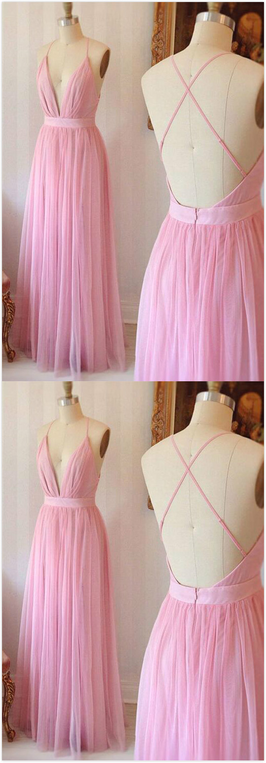 Simple Prom Dess, Prom Dress,sexy Chiffon Prom Dress,pink V Neck Tulle Long Prom Dress, Pink Evening Dress For Teens