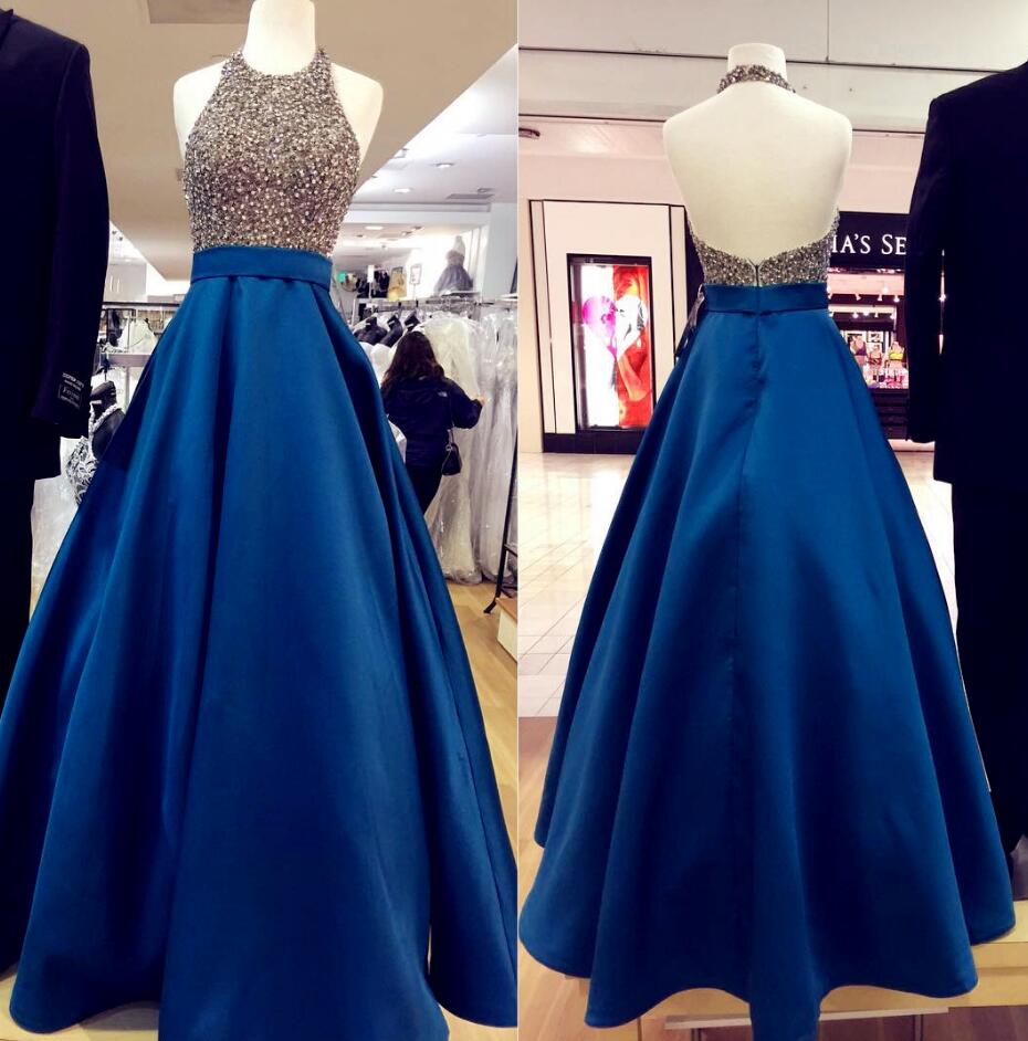 Beaded Royal Blue Prom Dress,beading Prom Dress,stain Prom Dress, Prom Dress, Long Prom Dress, Backless Halter Prom Dresses, Long Evening Dress
